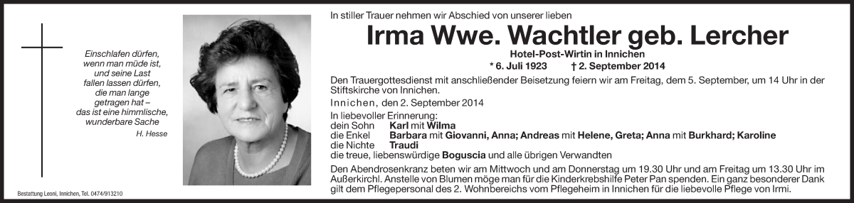  Traueranzeige für Irma Wachtler vom 03.09.2014 aus Dolomiten