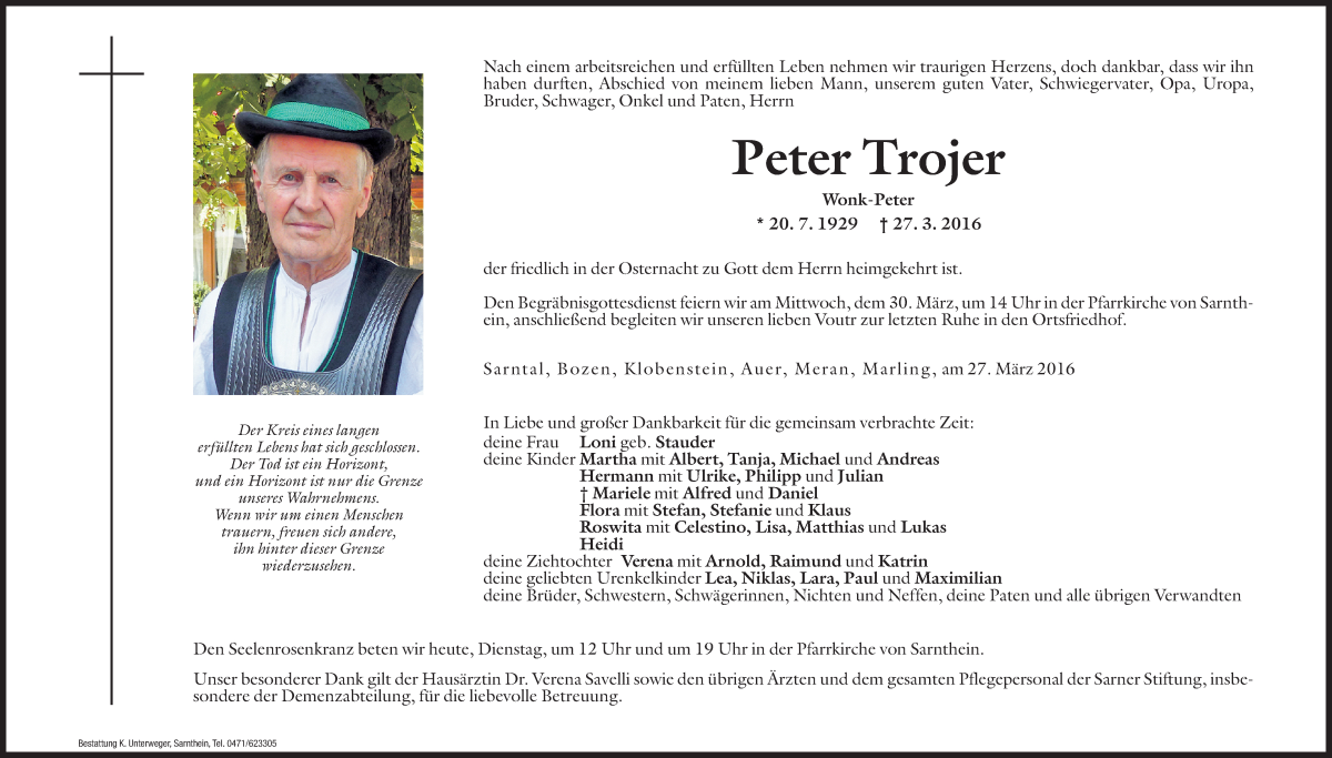  Traueranzeige für Peter Trojer vom 29.03.2016 aus Dolomiten