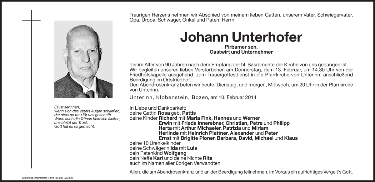  Traueranzeige für Johann Unterhofer vom 11.02.2014 aus Dolomiten