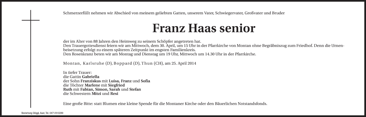  Traueranzeige für Franz Haas vom 28.04.2014 aus Dolomiten