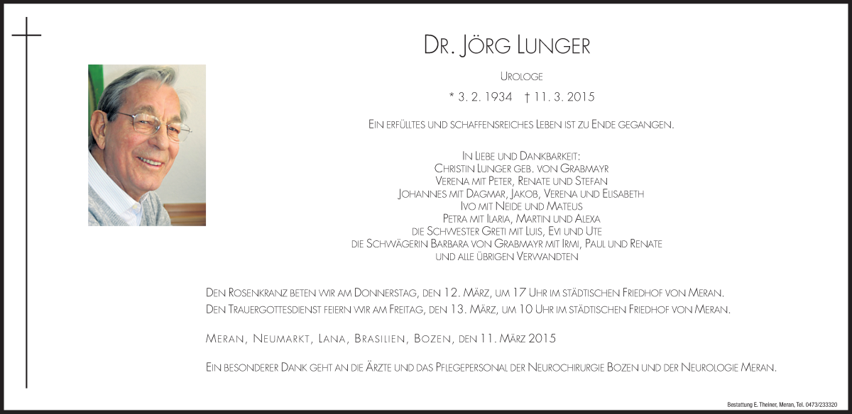  Traueranzeige für Jörg Lunger vom 12.03.2015 aus Dolomiten