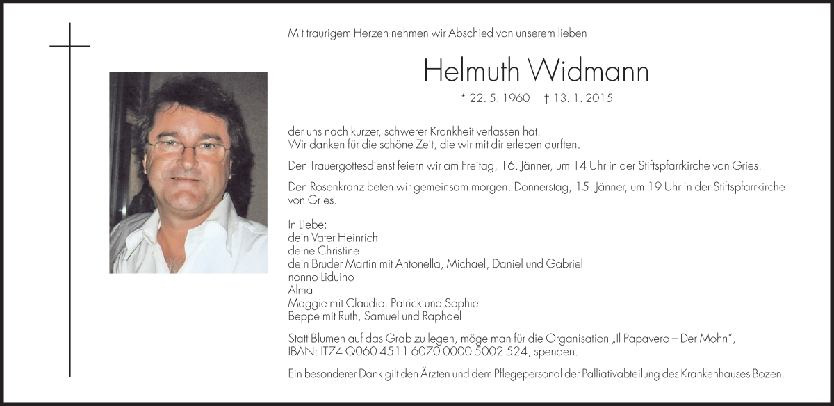  Traueranzeige für Helmuth Widmann vom 14.01.2015 aus Dolomiten