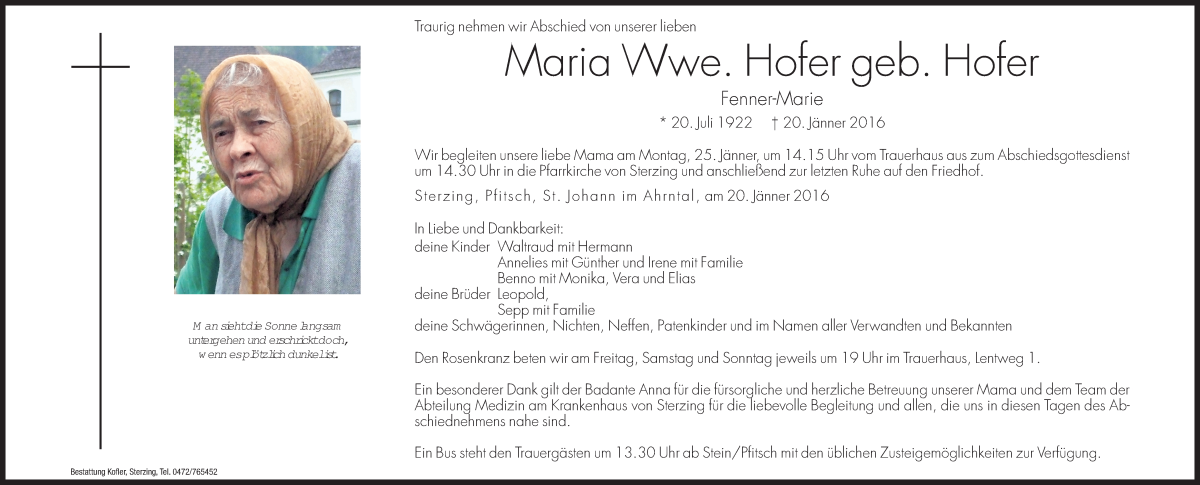  Traueranzeige für Maria Hofer vom 22.01.2016 aus Dolomiten