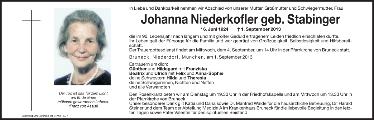  Traueranzeige für Johanna Niederkofler vom 03.09.2013 aus Dolomiten