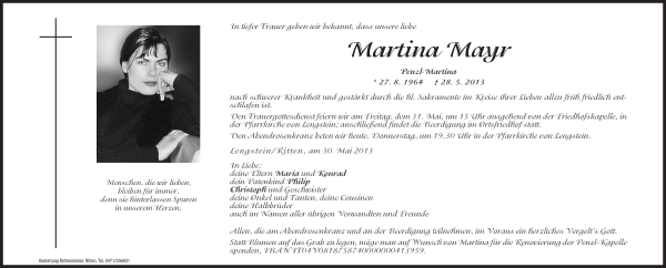 Traueranzeige von Martina Mayr von Dolomiten