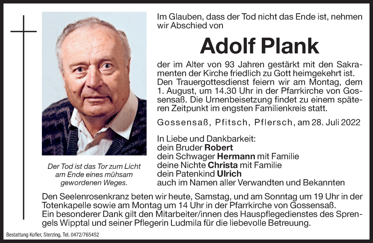  Traueranzeige für Adolf Plank vom 30.07.2022 aus Dolomiten