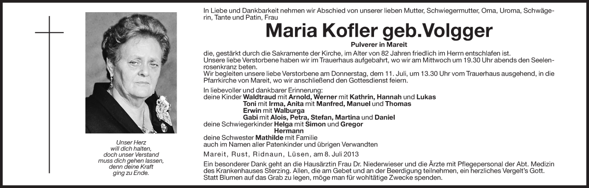  Traueranzeige für Maria Kofler vom 10.07.2013 aus Dolomiten