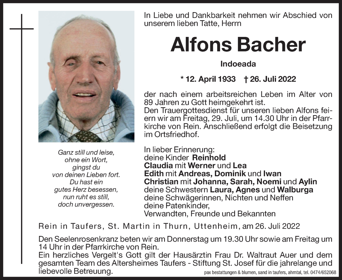 Traueranzeige für Alfons Bacher vom 28.07.2022 aus Dolomiten