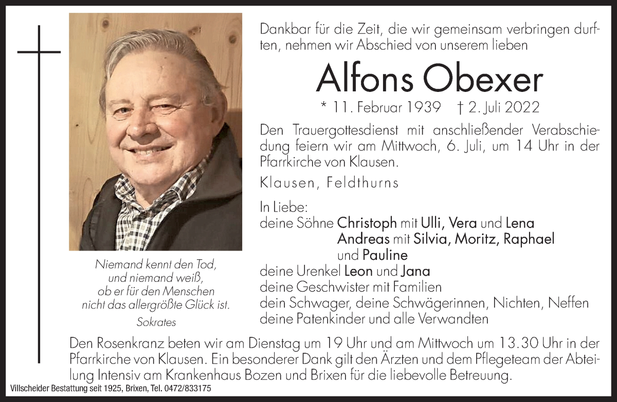  Traueranzeige für Alfons Obexer vom 05.07.2022 aus Dolomiten