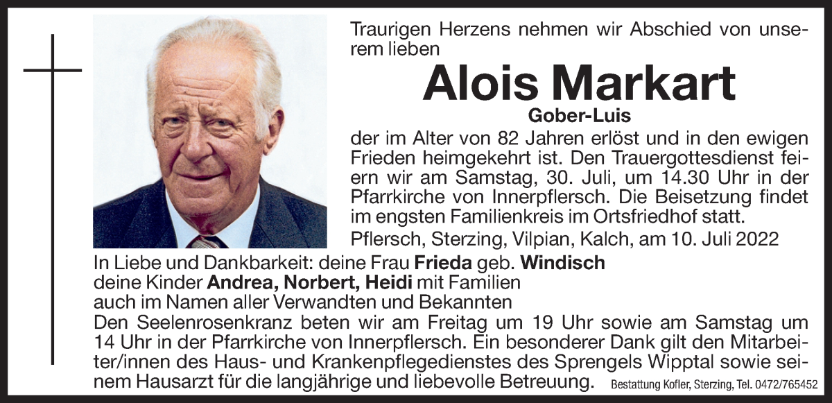  Traueranzeige für Alois Markart vom 28.07.2022 aus Dolomiten