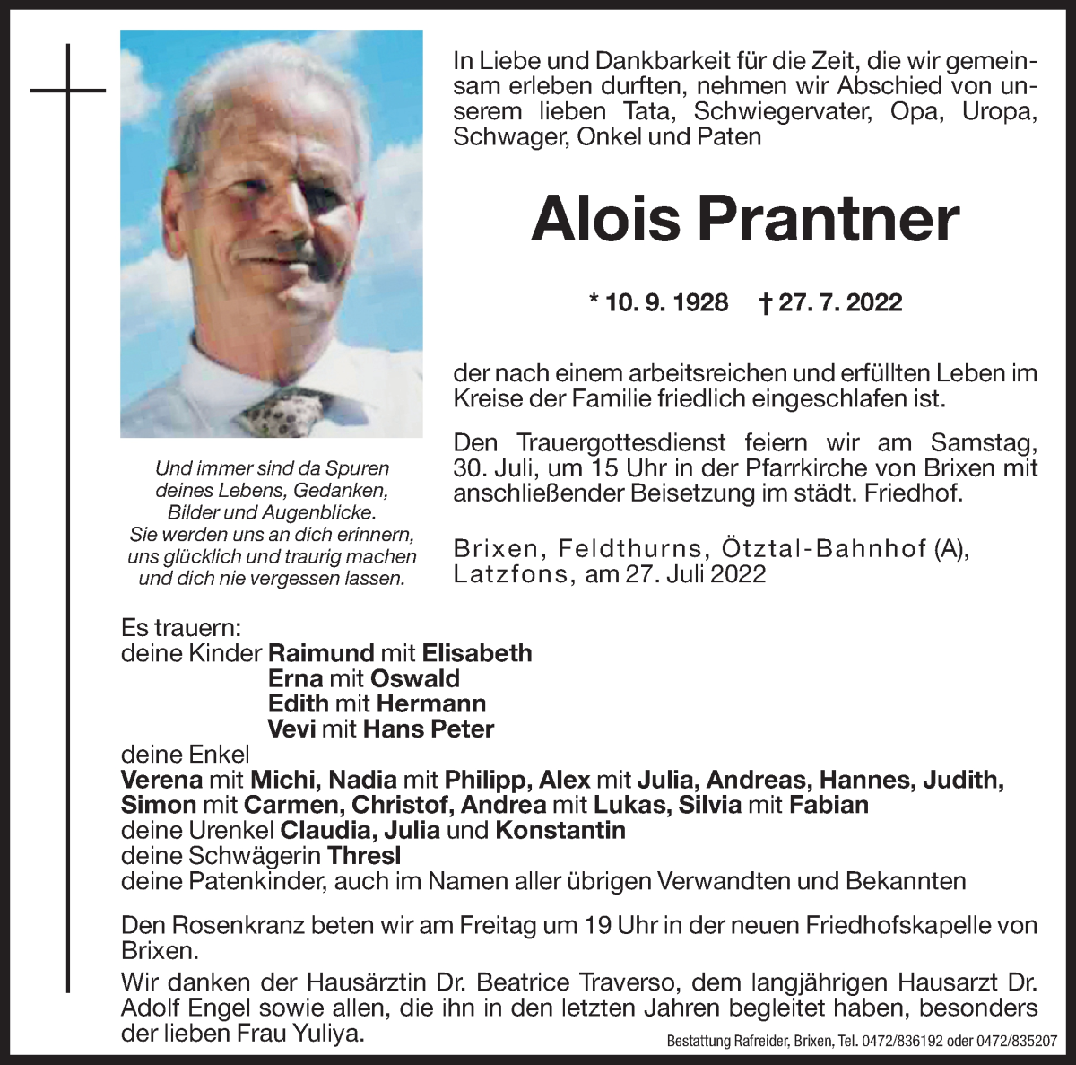  Traueranzeige für Alois Prantner vom 29.07.2022 aus Dolomiten
