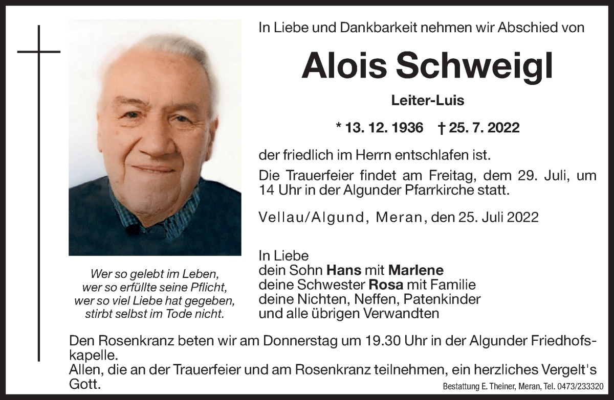  Traueranzeige für Alois Schweigl vom 27.07.2022 aus Dolomiten