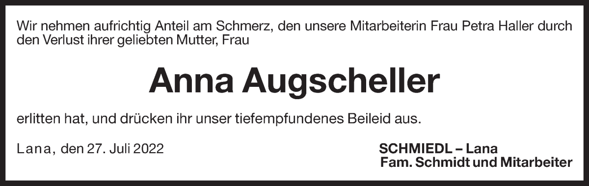  Traueranzeige für Anna Augscheller vom 29.07.2022 aus Dolomiten