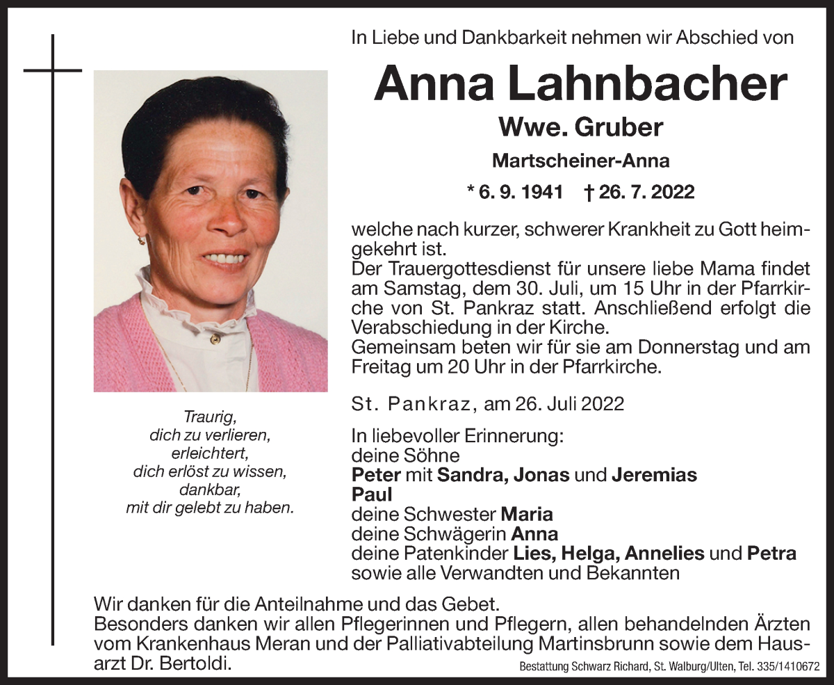  Traueranzeige für Anna Gruber vom 28.07.2022 aus Dolomiten