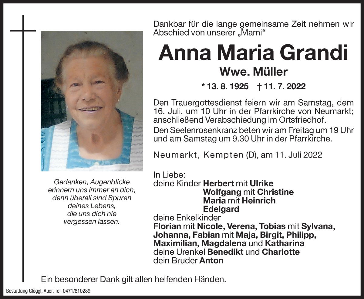  Traueranzeige für Anna Maria Müller vom 14.07.2022 aus Dolomiten