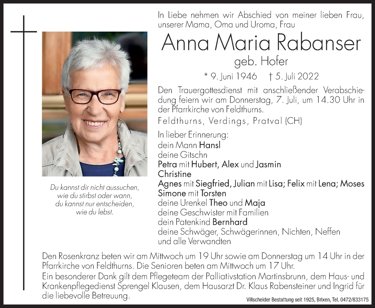  Traueranzeige für Anna Maria Rabanser vom 06.07.2022 aus Dolomiten