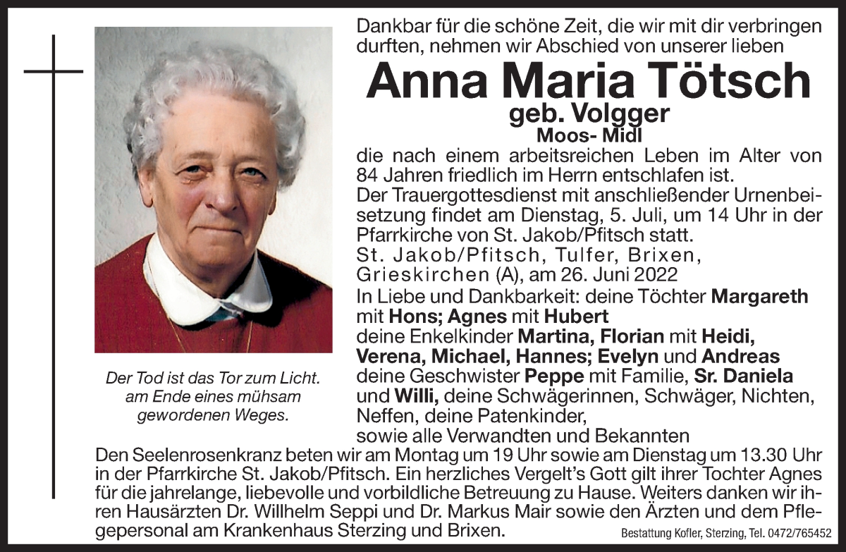  Traueranzeige für Anna Maria Tötsch vom 01.07.2022 aus Dolomiten