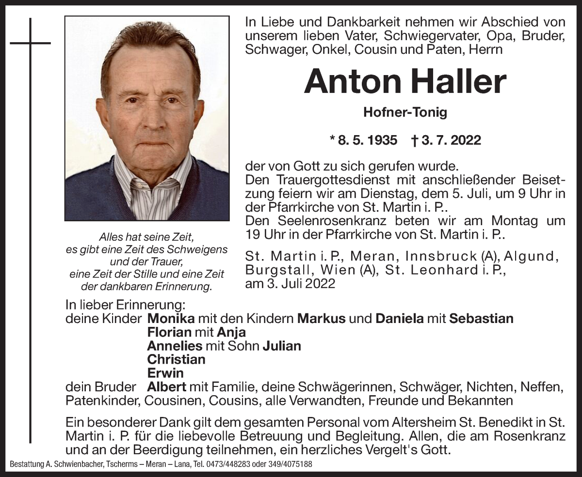  Traueranzeige für Anton Haller vom 04.07.2022 aus Dolomiten