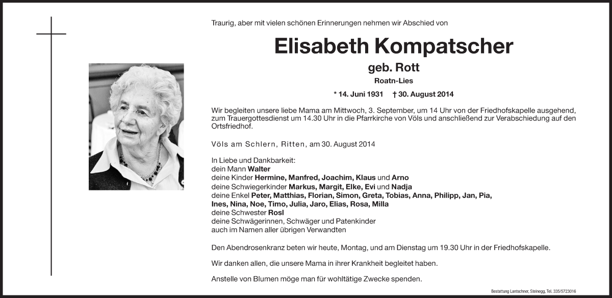  Traueranzeige für Elisabeth Kompatscher vom 01.09.2014 aus Dolomiten