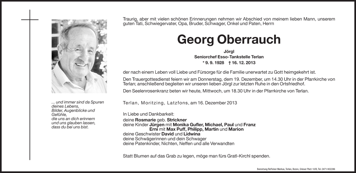  Traueranzeige für Georg Oberrauch vom 18.12.2013 aus Dolomiten