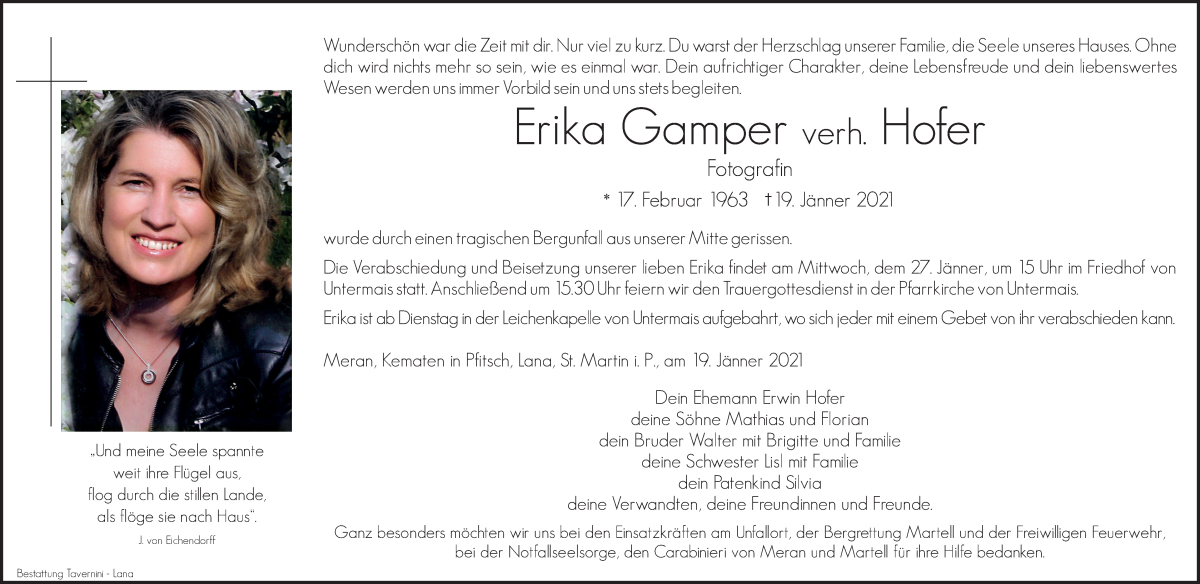  Traueranzeige für Erika Hofer vom 23.01.2021 aus Dolomiten