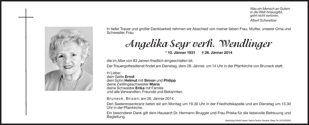  Traueranzeige für Angelika Seyr vom 27.01.2014 aus Dolomiten