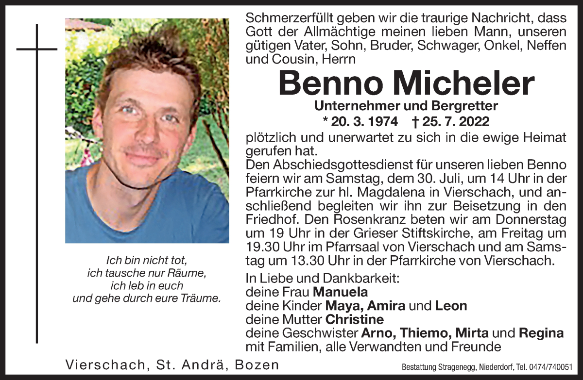  Traueranzeige für Benno Micheler vom 28.07.2022 aus Dolomiten