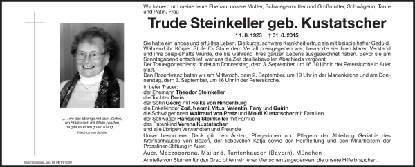 Traueranzeige von Trude Steinkeller von Dolomiten