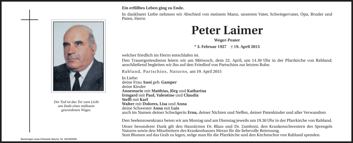  Traueranzeige für Peter Laimer vom 20.04.2015 aus Dolomiten