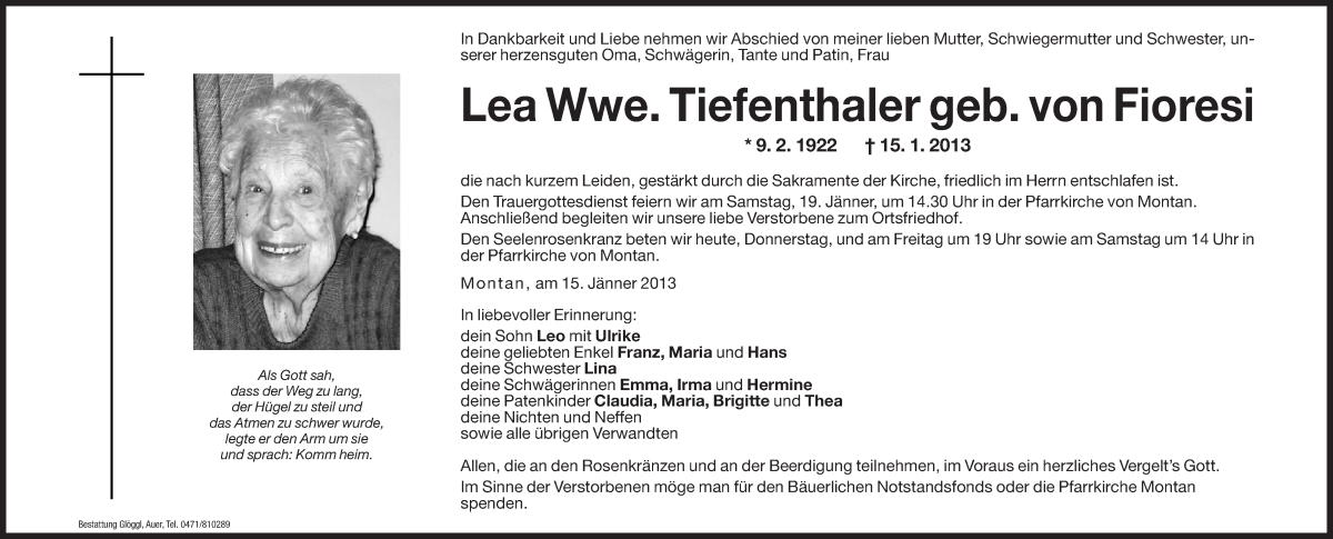  Traueranzeige für Lea von Fioresi vom 17.01.2013 aus Dolomiten