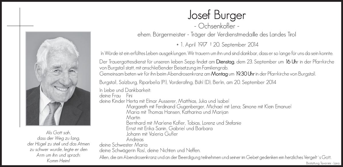  Traueranzeige für Josef Burger vom 22.09.2014 aus Dolomiten