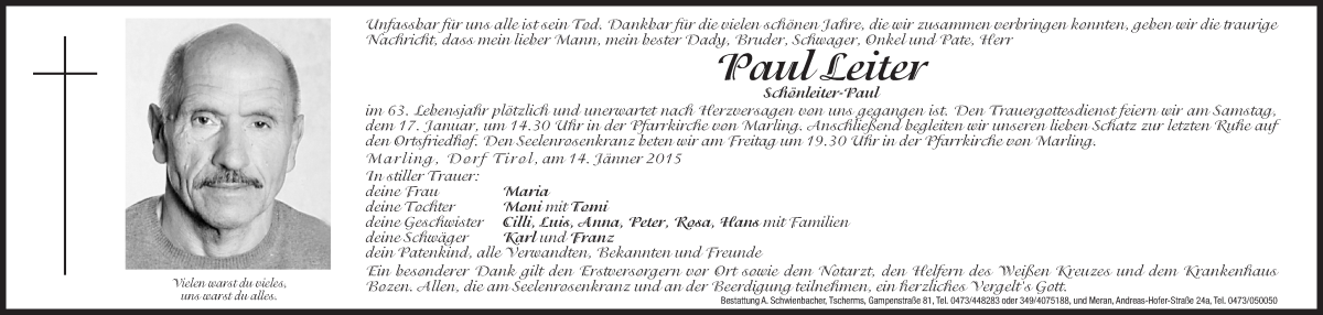  Traueranzeige für Paul Leiter vom 16.01.2015 aus Dolomiten