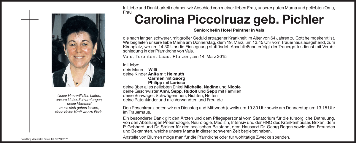  Traueranzeige für Carolina Piccolruaz vom 17.03.2015 aus Dolomiten