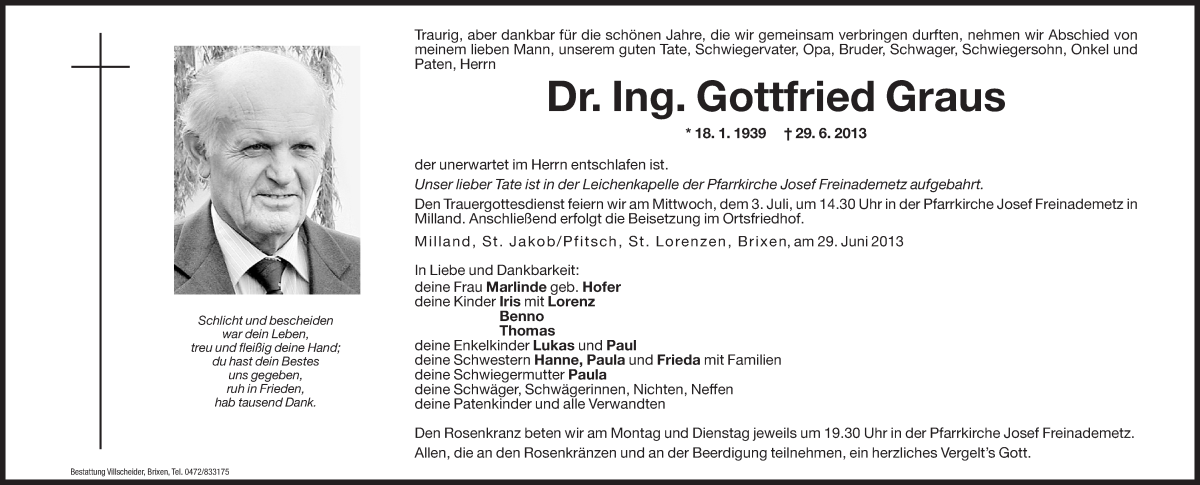  Traueranzeige für Gottfried Graus vom 01.07.2013 aus Dolomiten