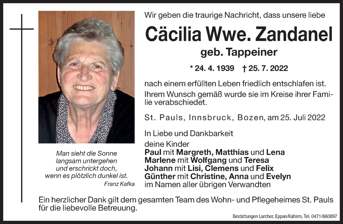  Traueranzeige für Cäcilia Zandanel vom 30.07.2022 aus Dolomiten