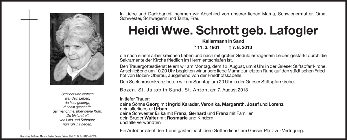  Traueranzeige für Heidi Schrott vom 09.08.2013 aus Dolomiten