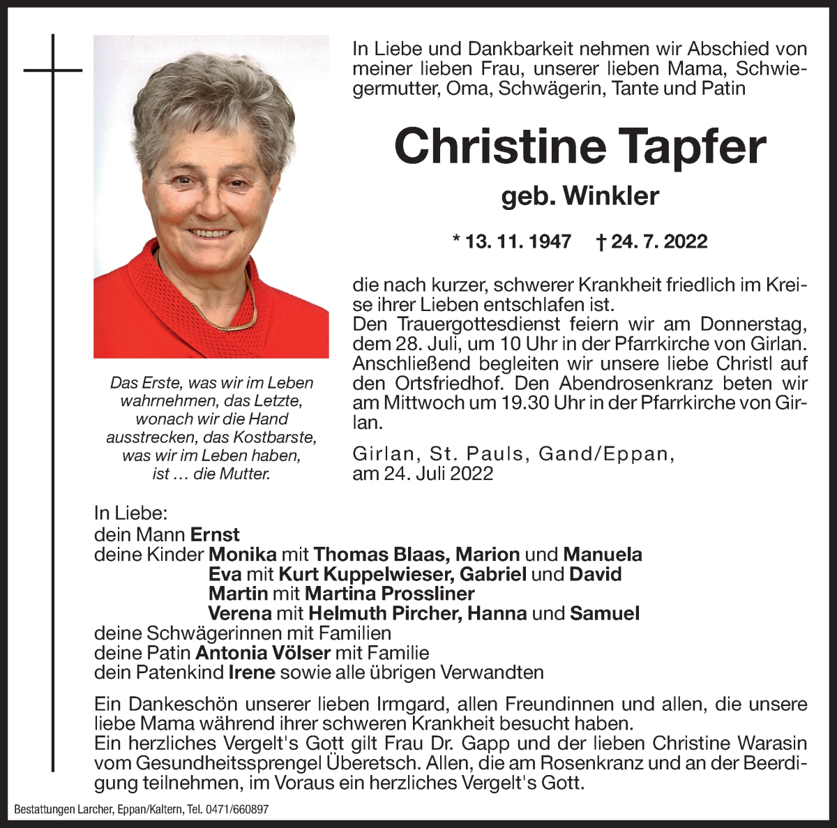  Traueranzeige für Christine Tapfer vom 25.07.2022 aus Dolomiten