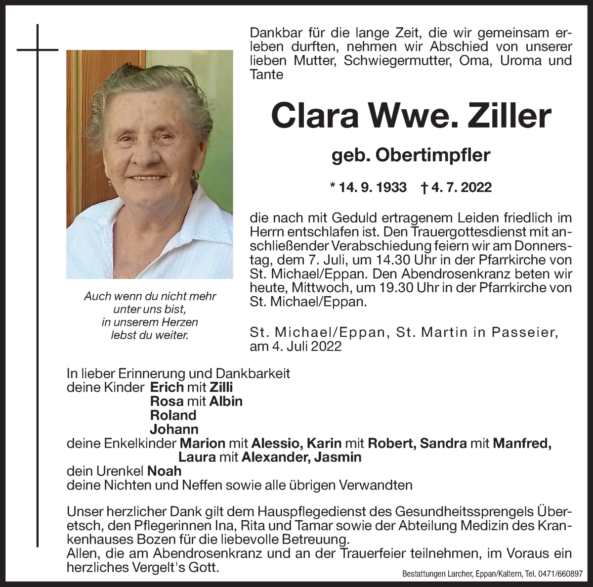  Traueranzeige für Clara Ziller vom 06.07.2022 aus Dolomiten