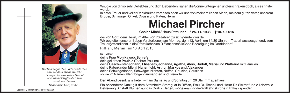  Traueranzeige für Michael Pircher vom 11.04.2015 aus Dolomiten