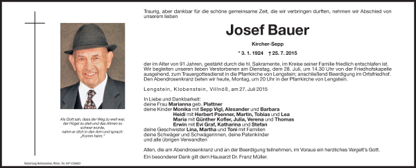 Traueranzeige von Josef Bauer von Dolomiten