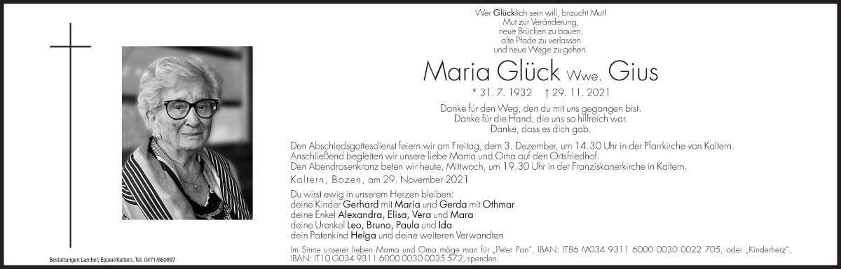  Traueranzeige für Maria Gius vom 01.12.2021 aus Dolomiten
