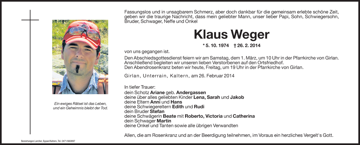  Traueranzeige für Klaus Weger vom 28.02.2014 aus Dolomiten