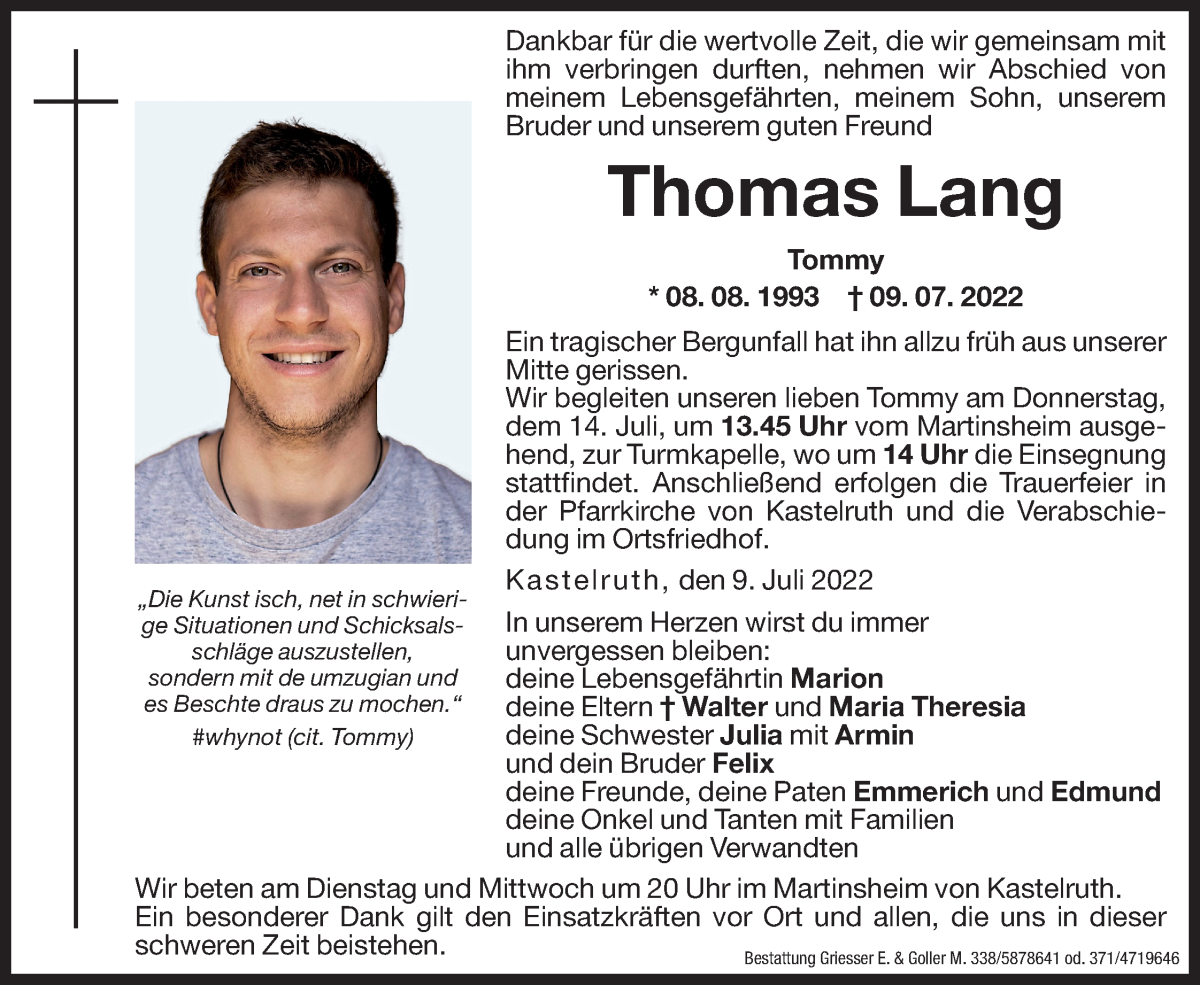  Traueranzeige für Thomas Lang vom 12.07.2022 aus Dolomiten