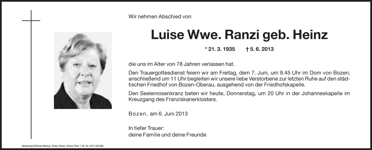  Traueranzeige für Luise Ranzi vom 06.06.2013 aus Dolomiten