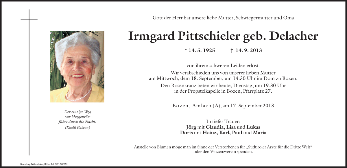  Traueranzeige für Irmgard Pittschieler vom 17.09.2013 aus Dolomiten