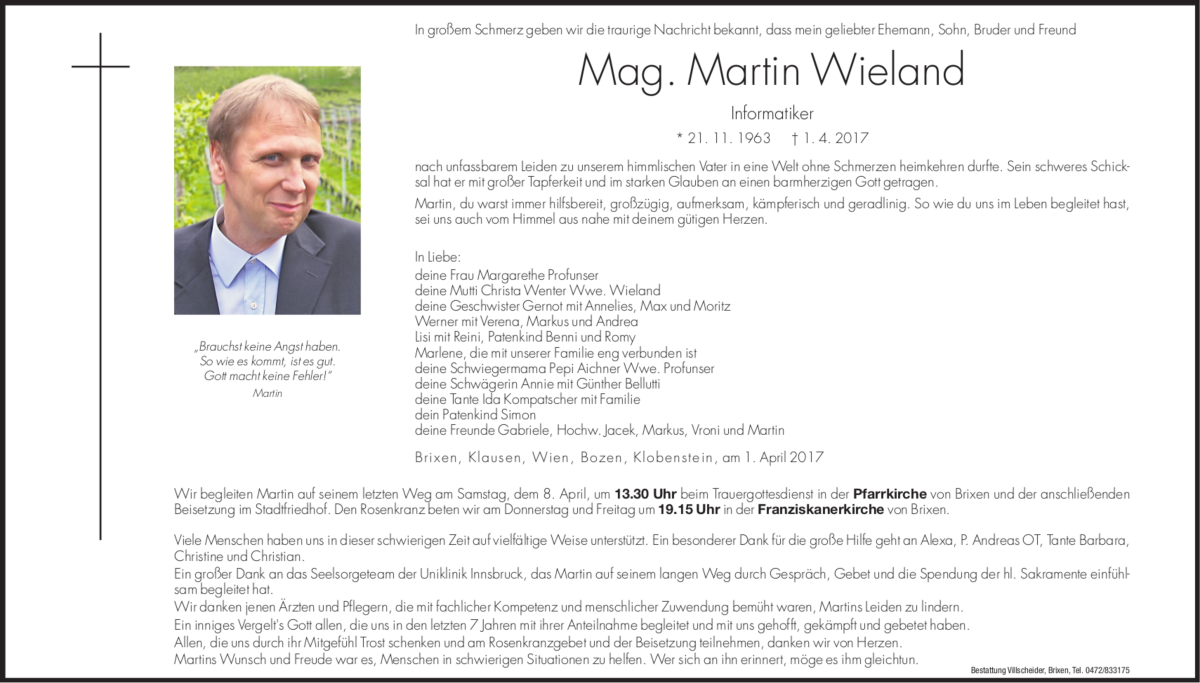  Traueranzeige für Martin Wieland vom 06.04.2017 aus 