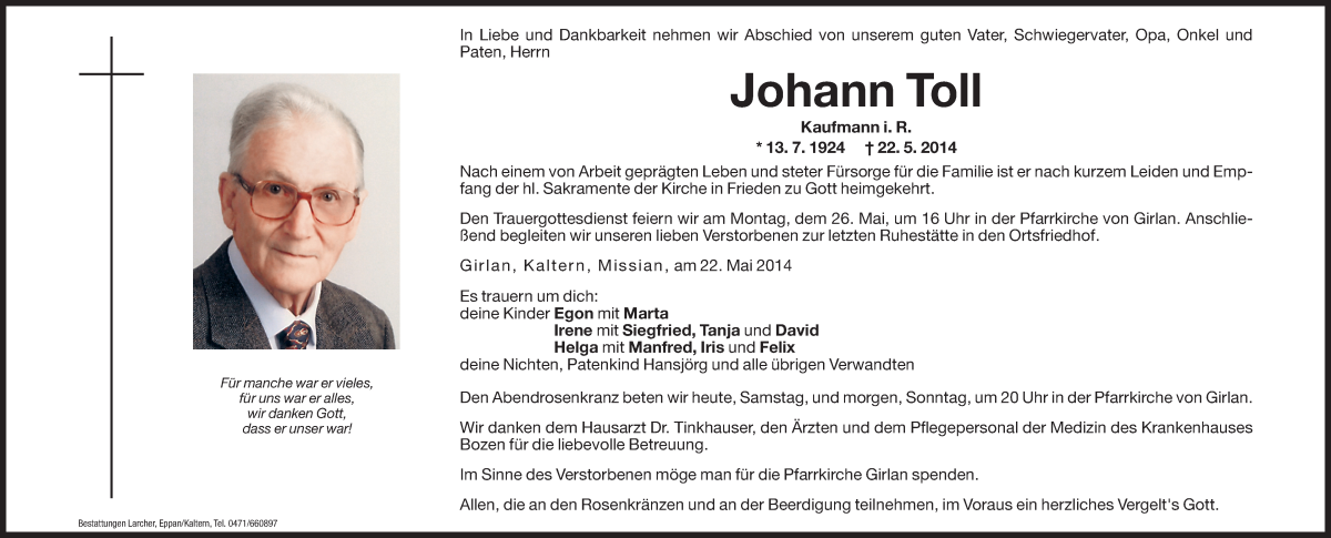  Traueranzeige für Johann Toll vom 24.05.2014 aus Dolomiten