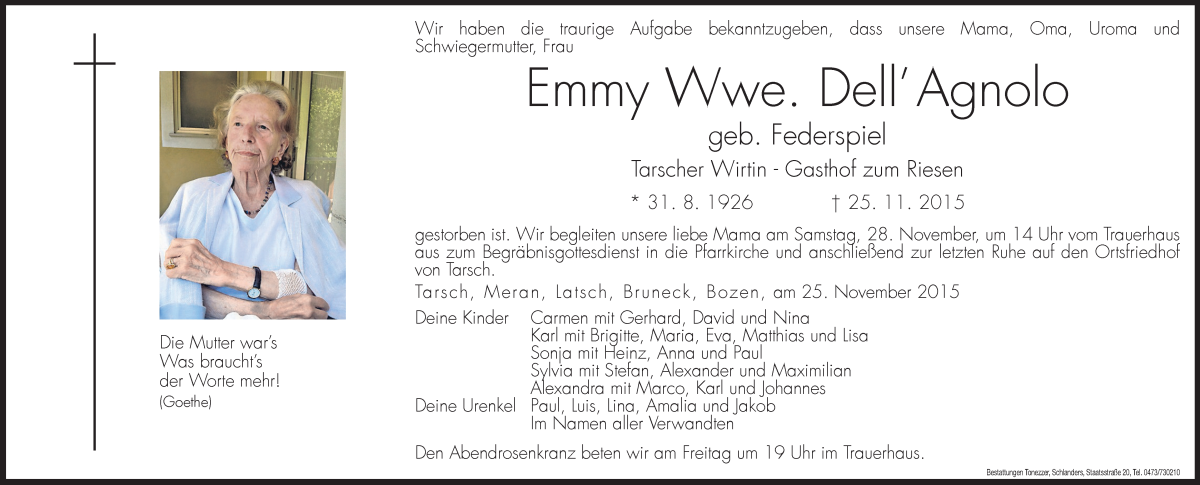  Traueranzeige für Emmy Dell´Agnolo vom 27.11.2015 aus Dolomiten
