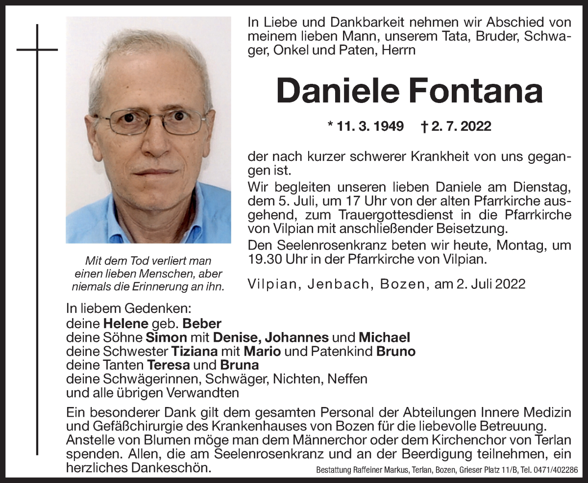  Traueranzeige für Daniele Fontana vom 04.07.2022 aus Dolomiten