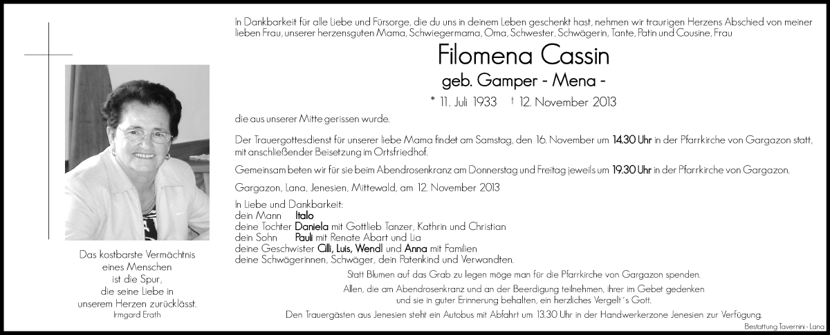  Traueranzeige für Filomena Cassin vom 14.11.2013 aus Dolomiten